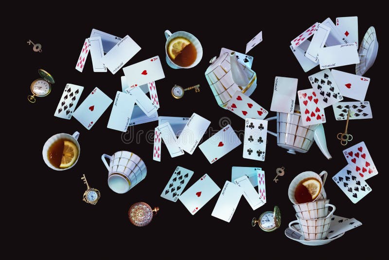 Wonderland Background Mad Tea Party Playing Cards Pocket Watch Key Cup And Teapot Falling Down The Rabbit Hole Horizontal Ban Stock Image Image Of Watch Alice