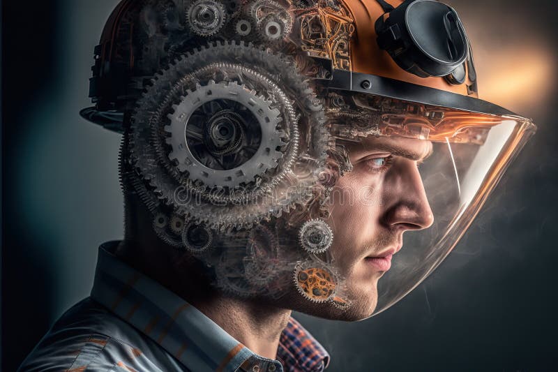 Wondrous portrait of engineer cover with steel gears in double exposure. royalty free illustration