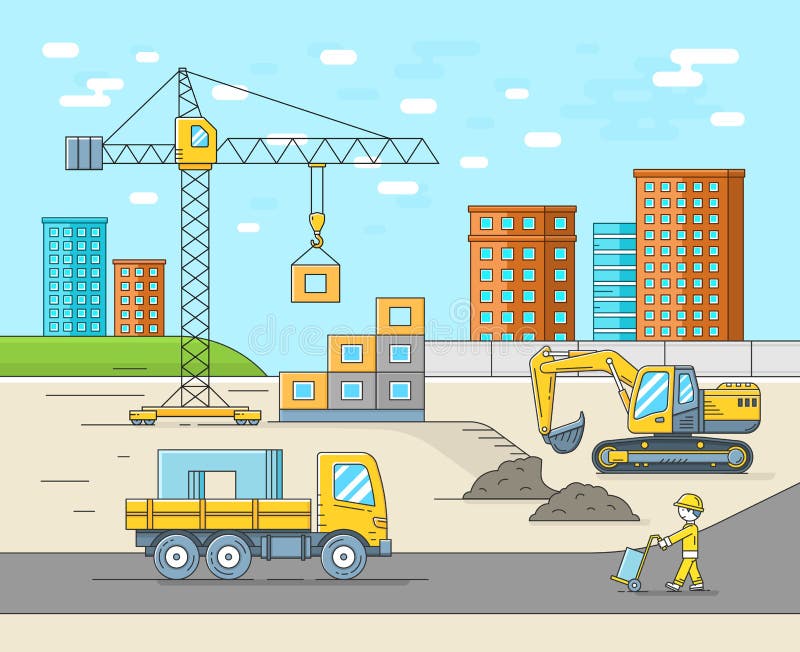 Woningbouw in dunne lijn vlakke stijl Bouwwerf vectorillustratie vector illustratie Woningbouw in dunne lijn vlakke stijl Bouwwerf vectorillustratie vector illustratie