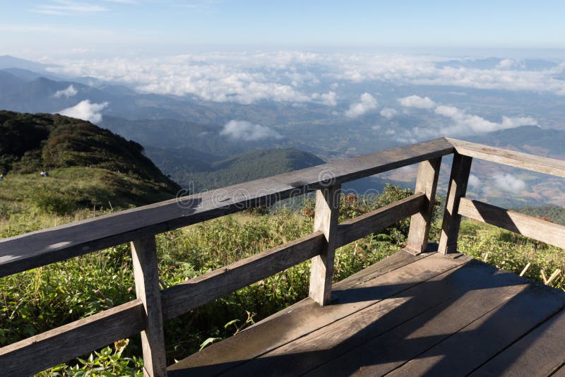 wood balcony with mountain view in morning