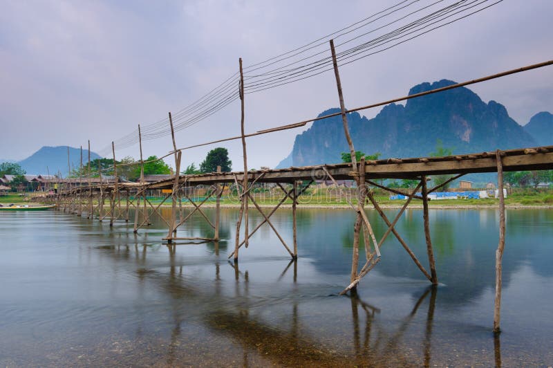 Wood bridge over river song, Vang vieng, Laos