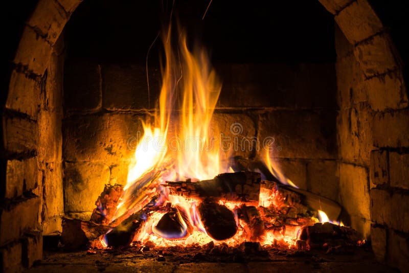 Wood Burning in a Cozy Fireplace at Home, Keep Warm Stock Photo Image