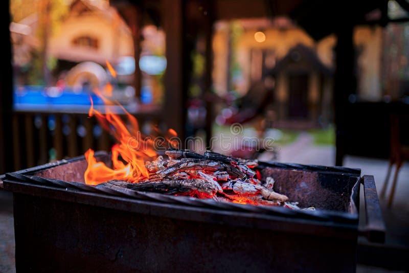 Wood burning in the grill stock photo. Image of meat 152057492