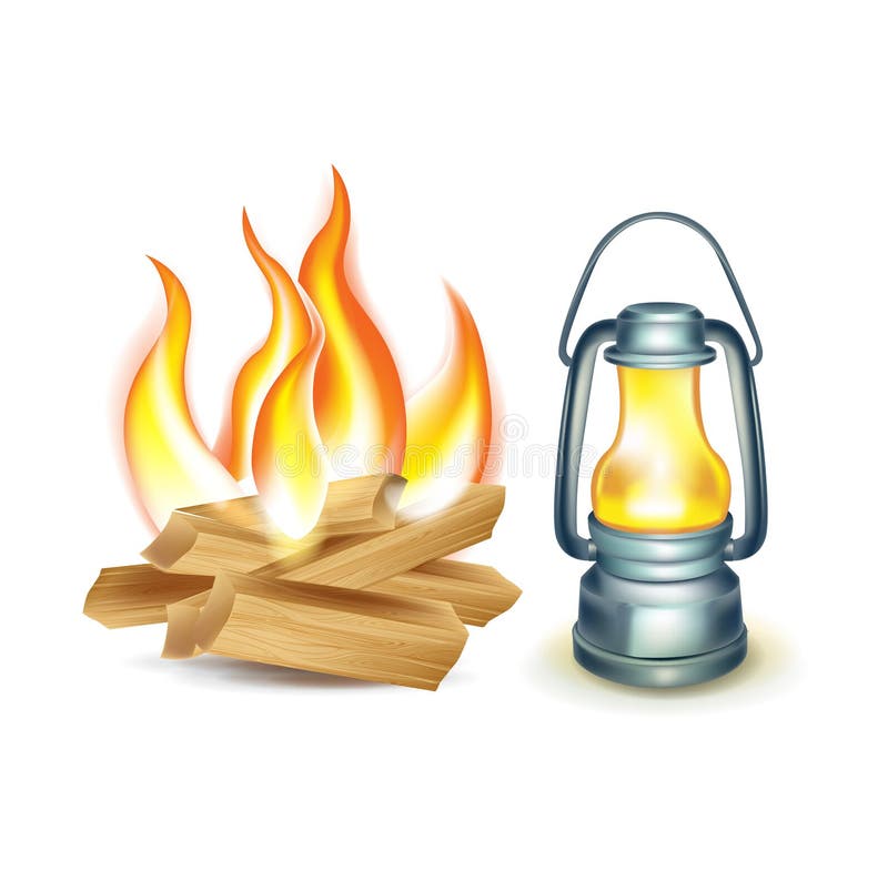 Wood camp fire and oil lamp isolated