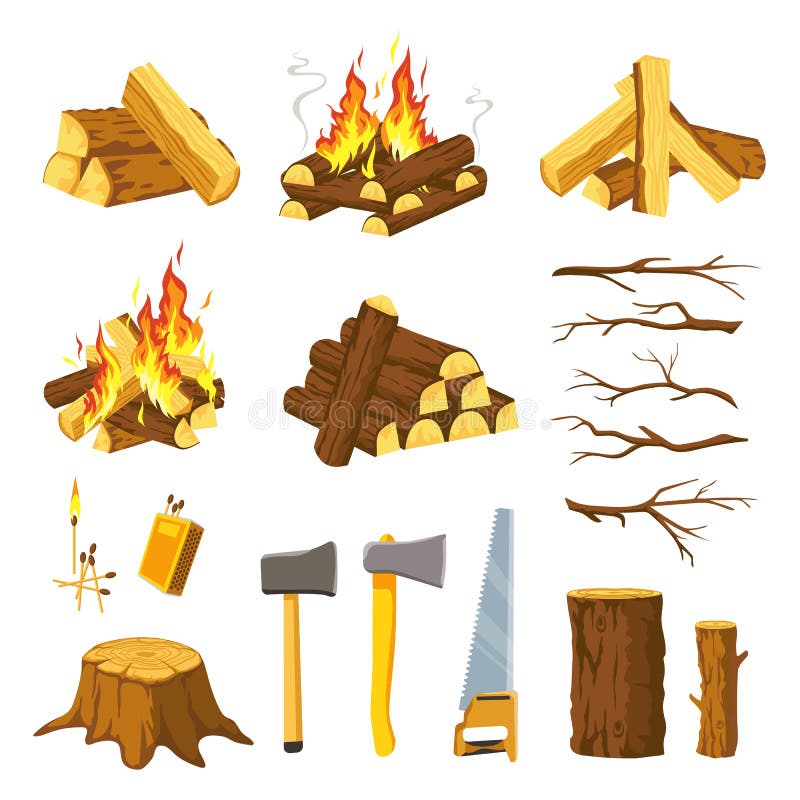 Wood campfire. Tree logs pile, branches, lumberjack ax, saw and matches for make bonfire. Burn firewood stack with