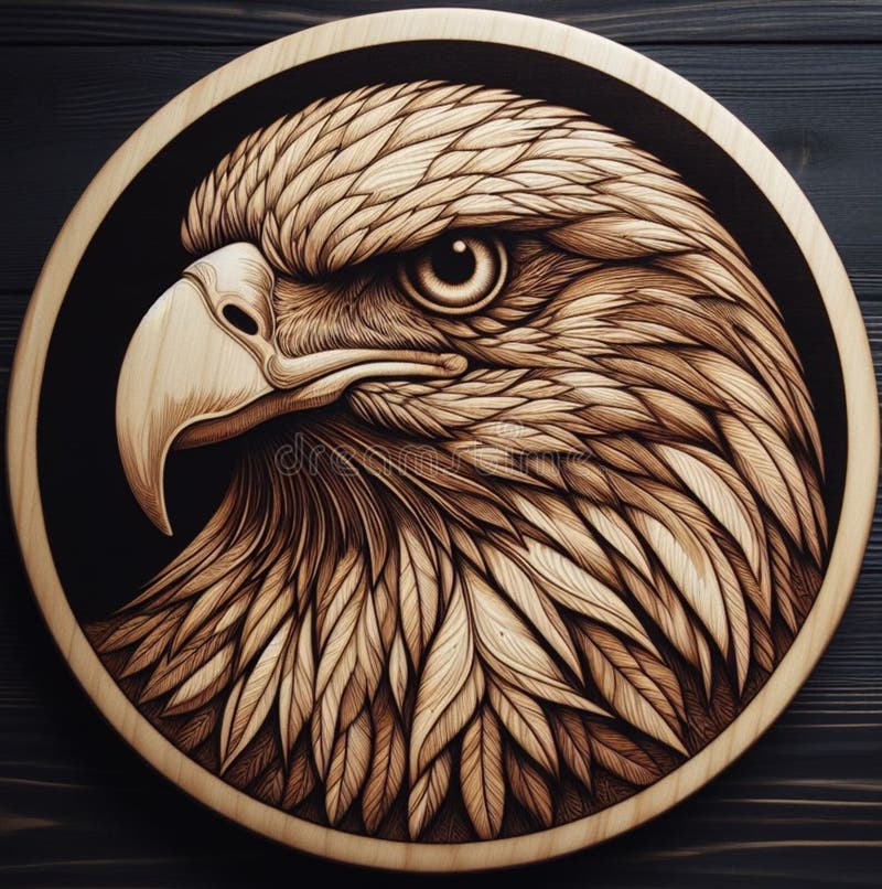 Wood Carving of a bald eagle in a circular frame, with a wood background
