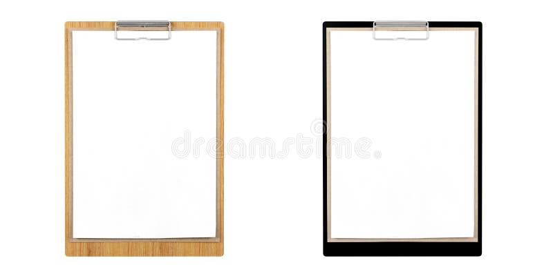 Wood clipboard and black clipboard with blank papers with copy space for mock up isolated on white background