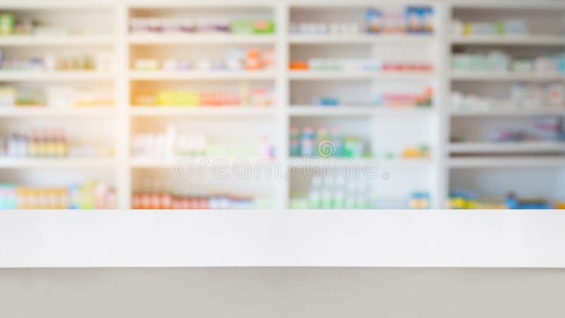 Wood counter with blur shelves of drug in the pharmacy