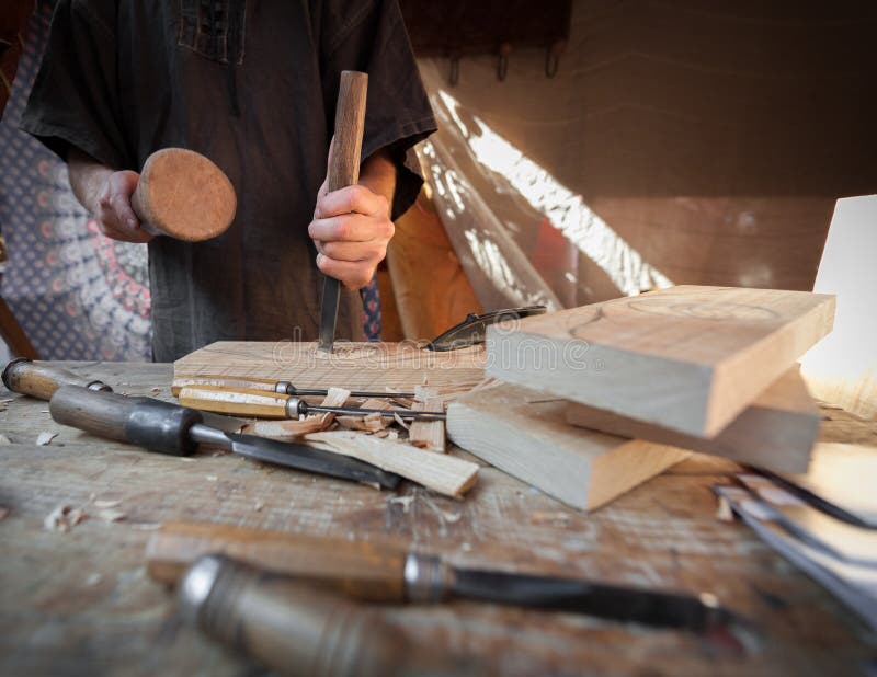 Wood Craftsman with Various Hand Tools Working Stock Image Image of