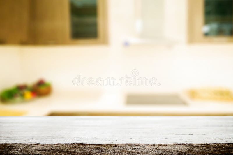 Wood Desk Space and Blurred of Kitchen Background. for Product D Stock ...