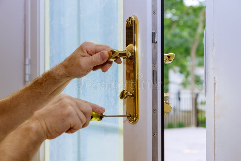 Wood Door Lock Systems Security Protection for Apartment Stock Photo