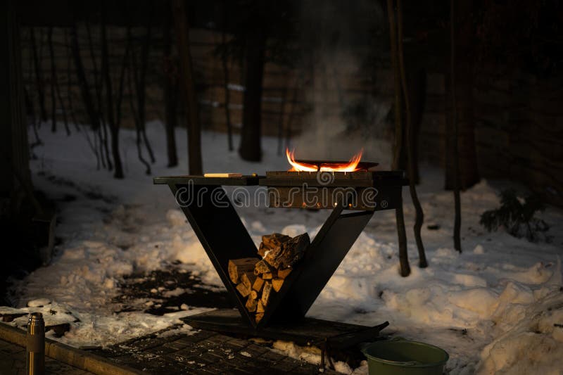 Wood Fired Barbecue with Brgiht Burning Flame at Evening Time Stock Photo Image of orange