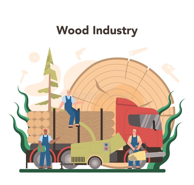 Wood industry and paper production concept. Logging and woodworking stock illustration
