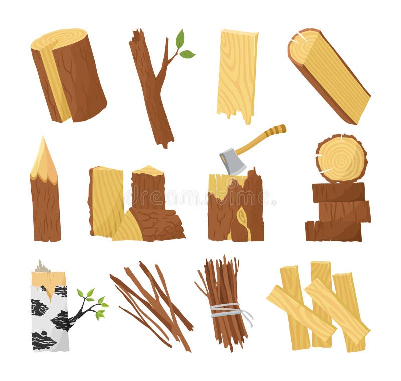 Wood Industry Raw Material and Production Samples Flat Set with Tree