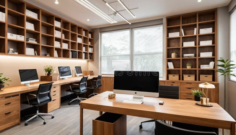 Wood and light in organized office space vector illustration