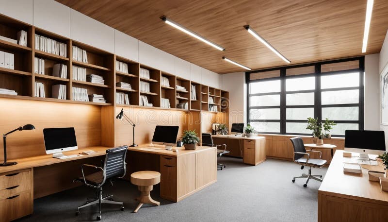 Wood and light in organized office space royalty free illustration