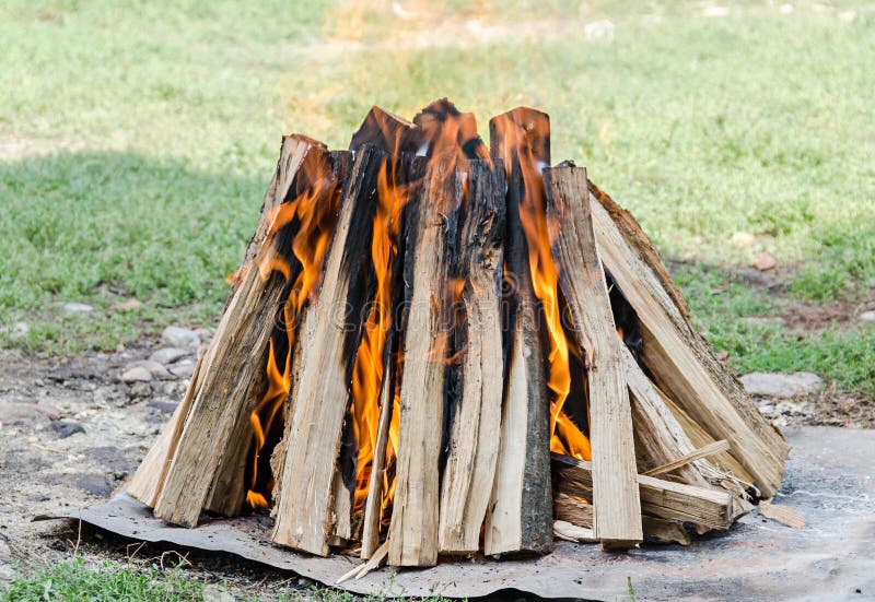 Wood logs in fire, outdoor fire for barbecue, colored flames, close up.