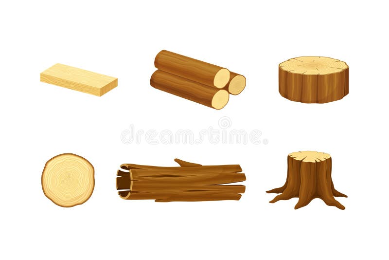 Wood Material with Log, Tree Stump and Plank Vector Set stock illustration