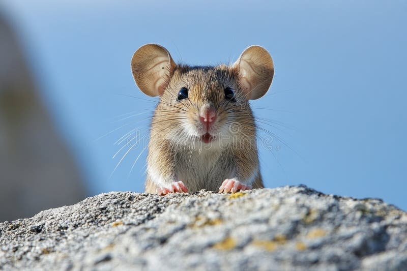 Wood mouse is peeking over a rock against a clear blue sky royalty free stock images