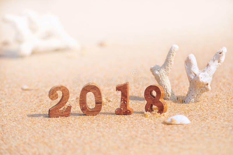 Wood number 2018 on tropical beach background