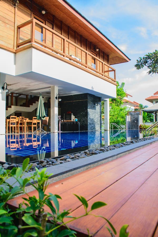 Wood Paquet with Swimming Pool and Tile Wall Stock Image Image of