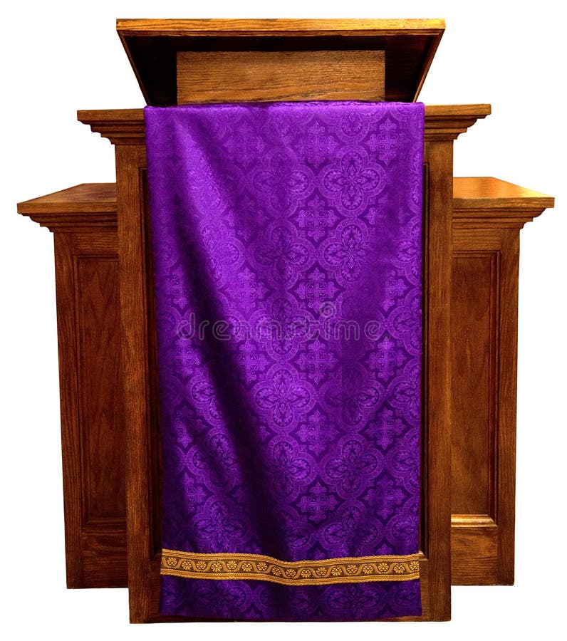 Wood pedestal or church pulpit, a common sight in a church for the Christian religion. A purple robe adds color and is a symbol for holy things. Isolated on white. Wood pedestal or church pulpit, a common sight in a church for the Christian religion. A purple robe adds color and is a symbol for holy things. Isolated on white.