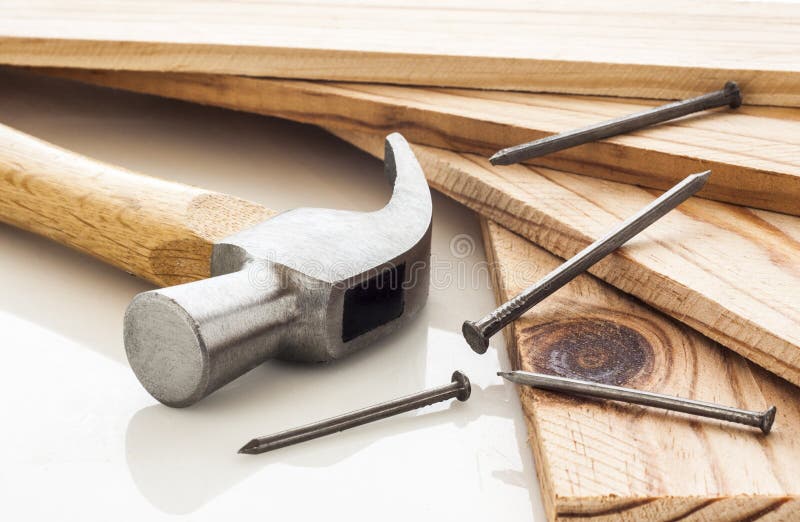 Carpenter Tools Hammer and Tape Measure on Wood Stock Image - Image of ...