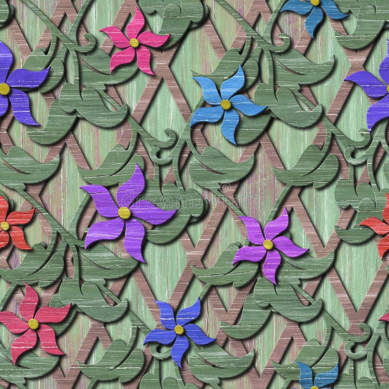 Wood Seamless Texture  With 3d  Flowers  Stock Illustration 