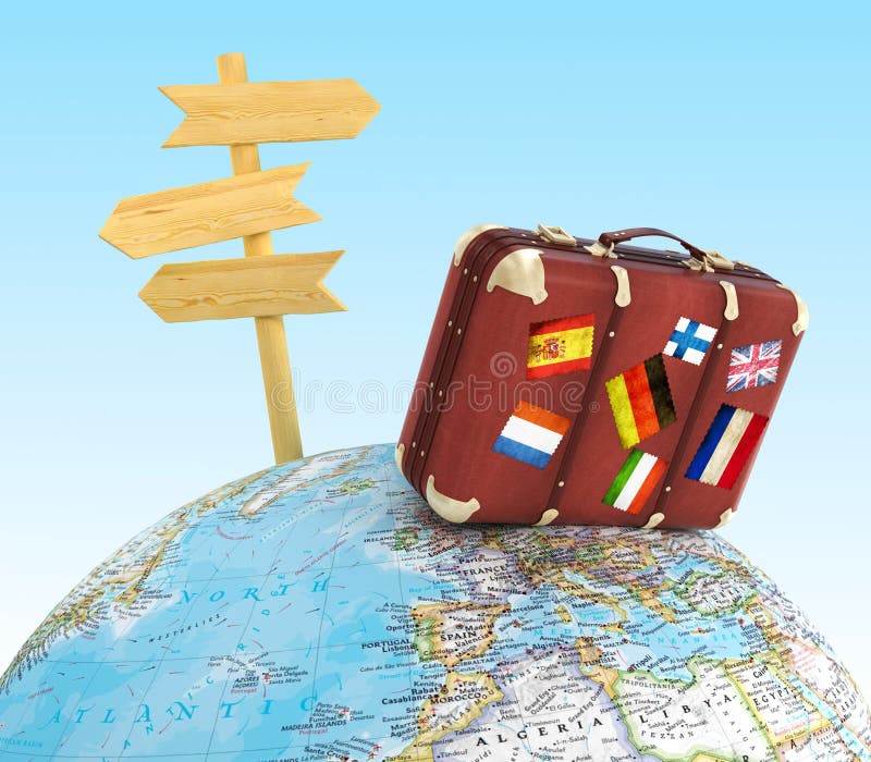 Wood sign board and old suitcase with striples flags on blurred world map stock photography Wood sign board and old suitcase with striples flags on blurred world map stock photography
