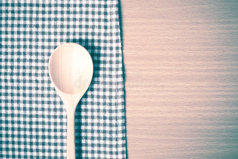 Wood Spoon and Kitchen Towel Vintage Style Stock Photo Image of table