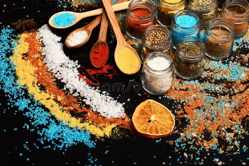 Wood spoons with paprika, turmeric and sea salt royalty free stock photos Wood spoons with paprika, turmeric and sea salt royalty free stock photos