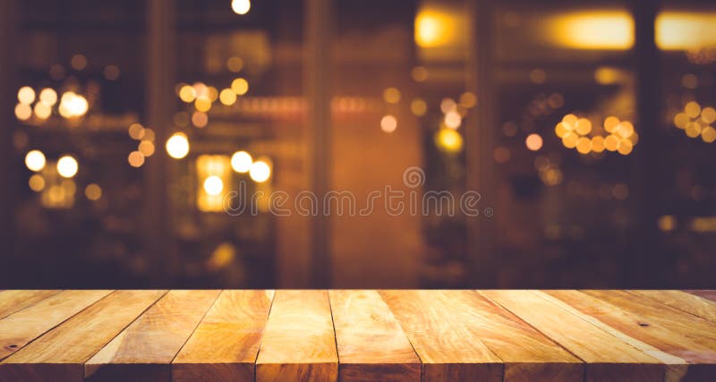 Wood Table Top Bar With Blur Light Bokeh In Dark Night ...