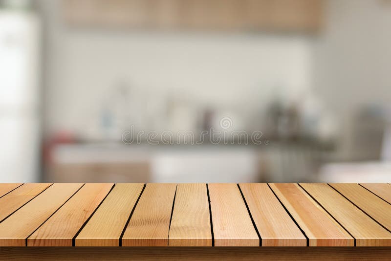 Wood Table Top On Blur Bokeh Kitchen Background Can Be Used For Stock ...