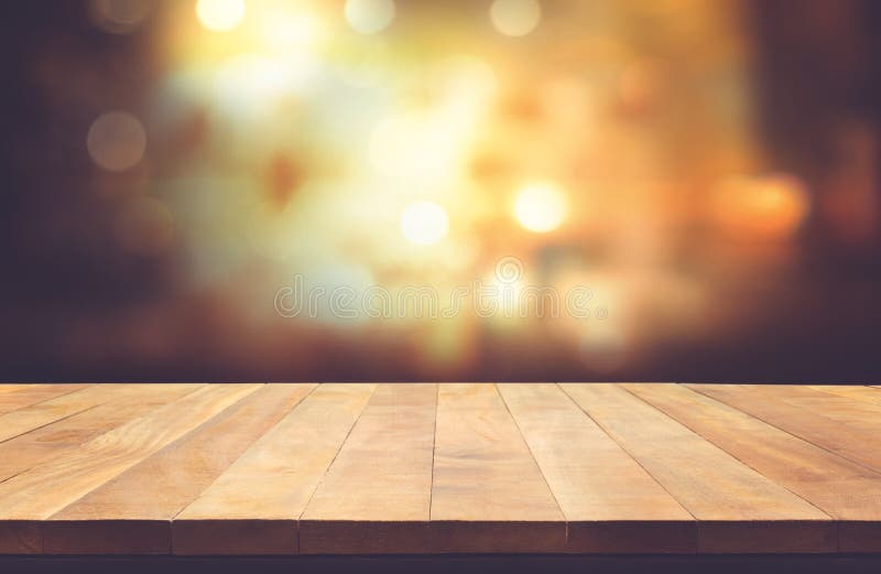 Wood Table Top With Blur Light Bokeh In Night Cafe ...