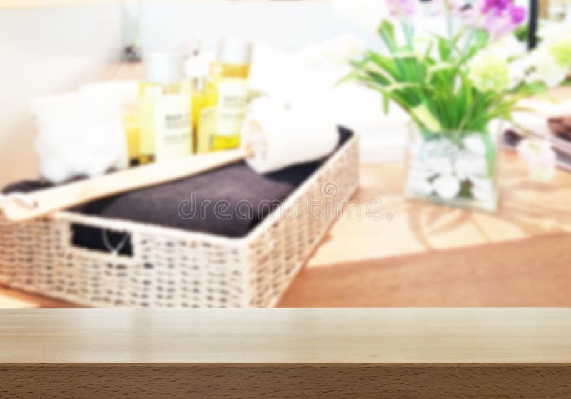 Wood table top with blurred bathroom royalty free stock photography Wood table top with blurred bathroom royalty free stock photography