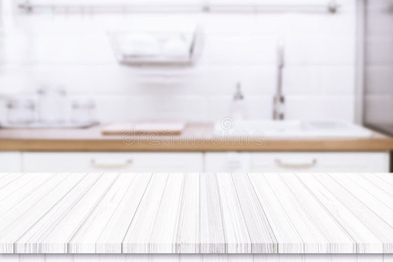 Wood Table Top on Blurred Kitchen Background Stock Image - Image of ...