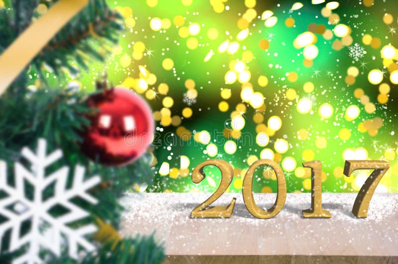 Wood table top 2017 on gold bokeh christmas tree background royalty free stock image Wood table top 2017 on gold bokeh christmas tree background royalty free stock image