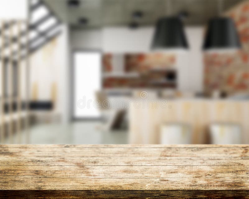 Wood table top and kitchen room blurred background, 3d rendering