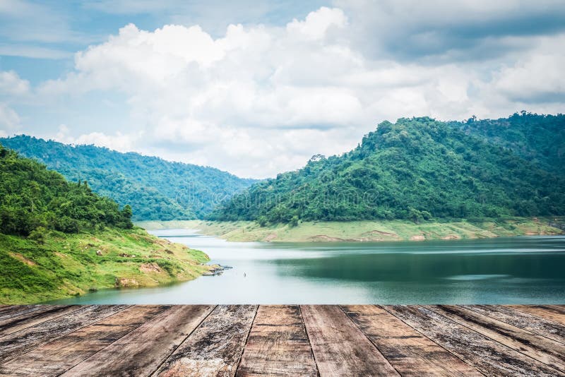 Wood table top with lake stock image. Image of summer 60852547
