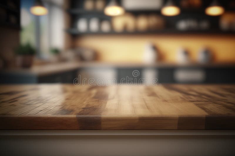 Wood Tabletop on Blur Kitchen Counter Background Stock Illustration