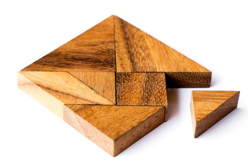 Wood tangram puzzle in square shape that wait triangle piece to fulfill on white background
