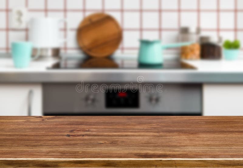Wooden Table on Blurred Kitchen Bench Background Stock Photo - Image of ...
