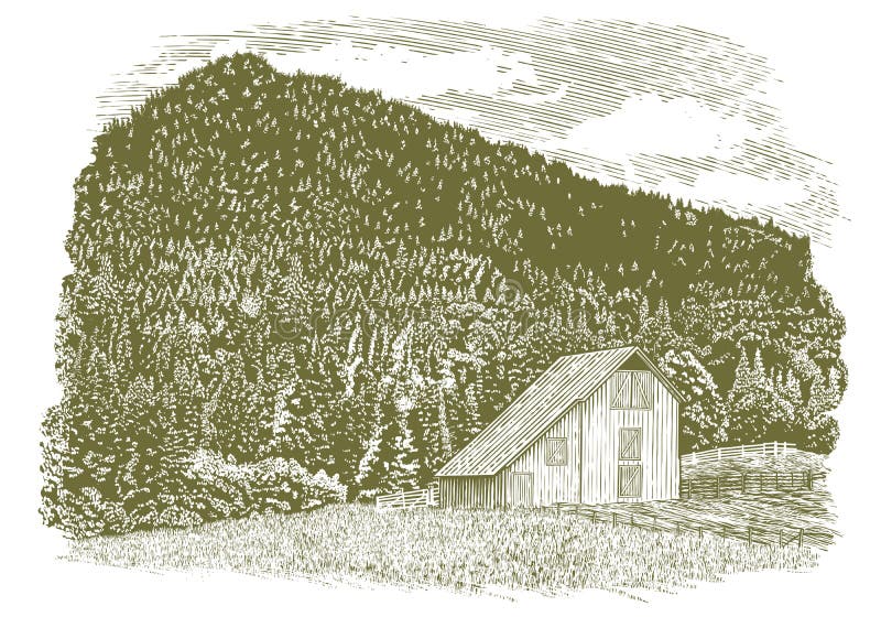 Woodcut-style illustration of an old barn with a mountain in the background. Woodcut-style illustration of an old barn with a mountain in the background.