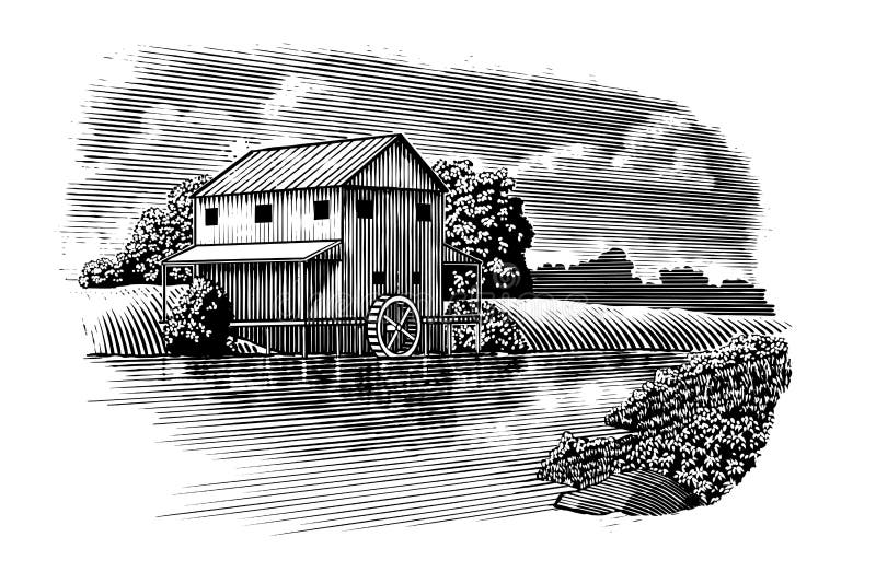Woodcut Mill on River