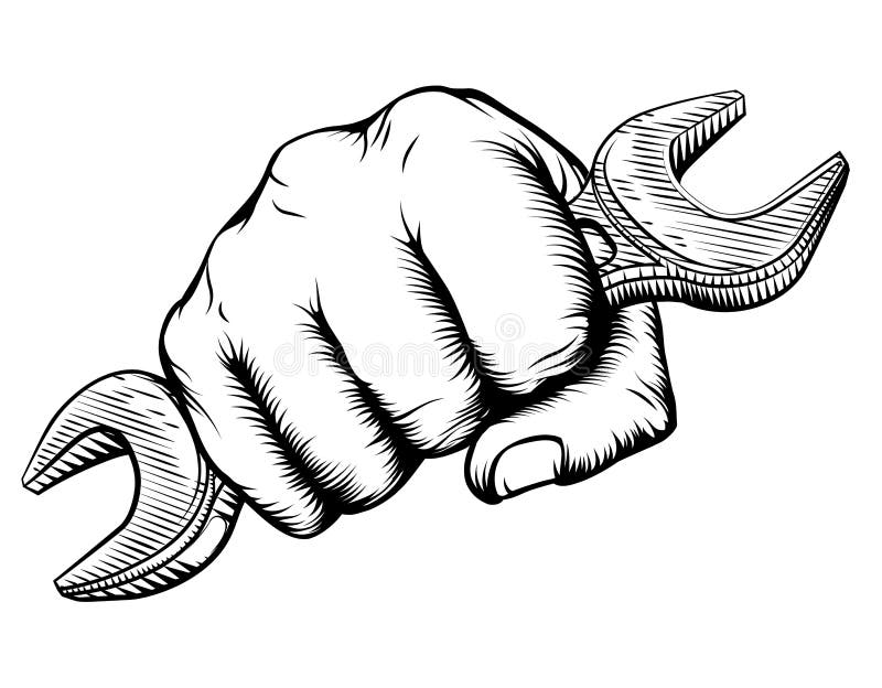 Woodcut pięści ręki mienia Spanner wyrwanie ilustracja wektor