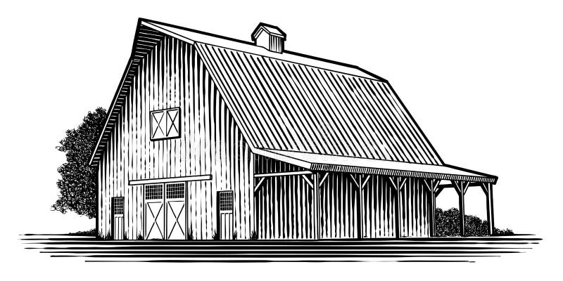 Woodcut-style illustration of an old wooden barn. Woodcut-style illustration of an old wooden barn