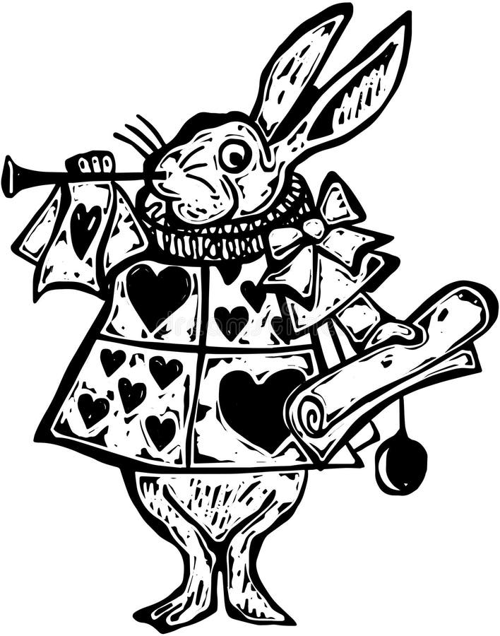 A black and white woodcut style drawing of the rabbit from Alice in Wonderl...