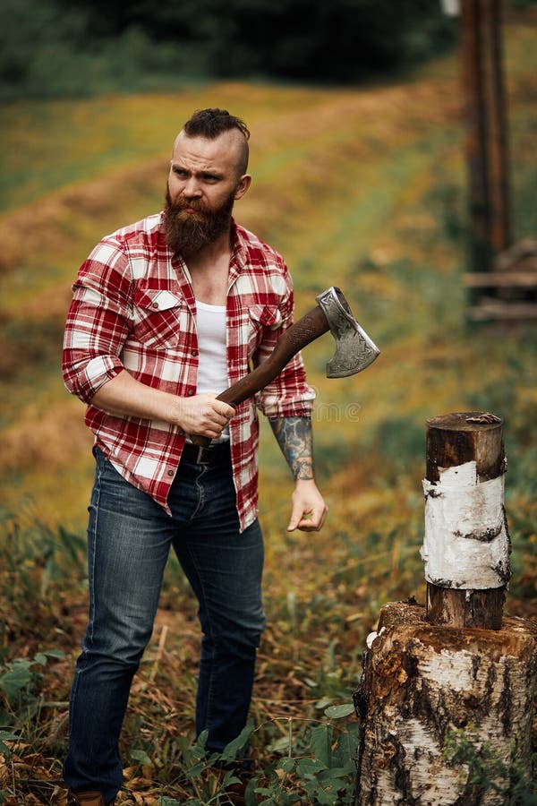 triple bathing battle Woodcutter in Shirt Chopping Firewoods, Chips Fly Apart Stock Photo - Image  of craftsmanship, blade: 130210972