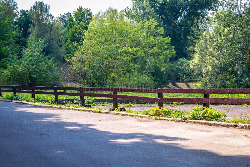 A wooden agricultural fence made of poles separates the meadow and forest from the asphalt road in a picturesque countryside