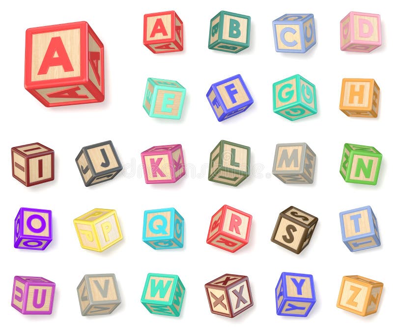 Wooden alphabet blocks font rotated. 3D render illustration on white background